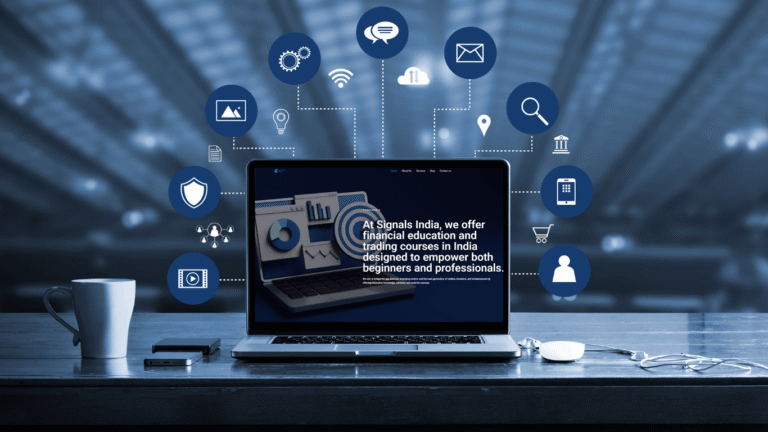 Laptop showing digital marketing and trading icons, representing Signals India’s financial education and trading courses.